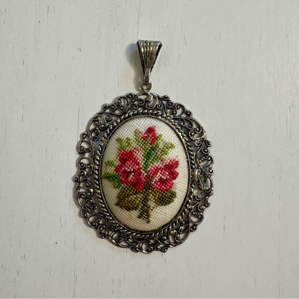 Vintage Floral Hand Embroidered Petit Point Oval Pendant Filigree Necklace